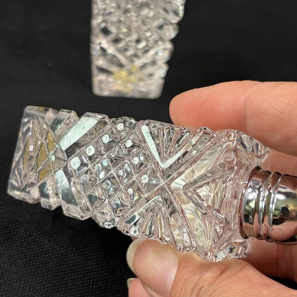 Vintage Hand Cut Lead Crystal Salt Pepper Shakers Japan Chrome Tops
